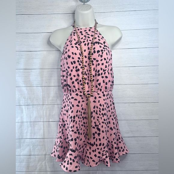 Boutique Brand Pink Black Cheetah Print Backless Tie Romper Ruffle Hem 💗 - Picture 1 of 9